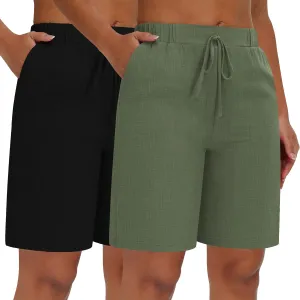 Neer 2 Pack Women's Linen Bermuda Shorts Elastic Waist Wide Leg Shorts Casual Summer Bottoms with Pockets