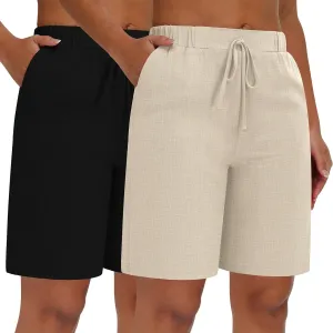 Neer 2 Pack Women's Linen Bermuda Shorts Elastic Waist Wide Leg Shorts Casual Summer Bottoms with Pockets