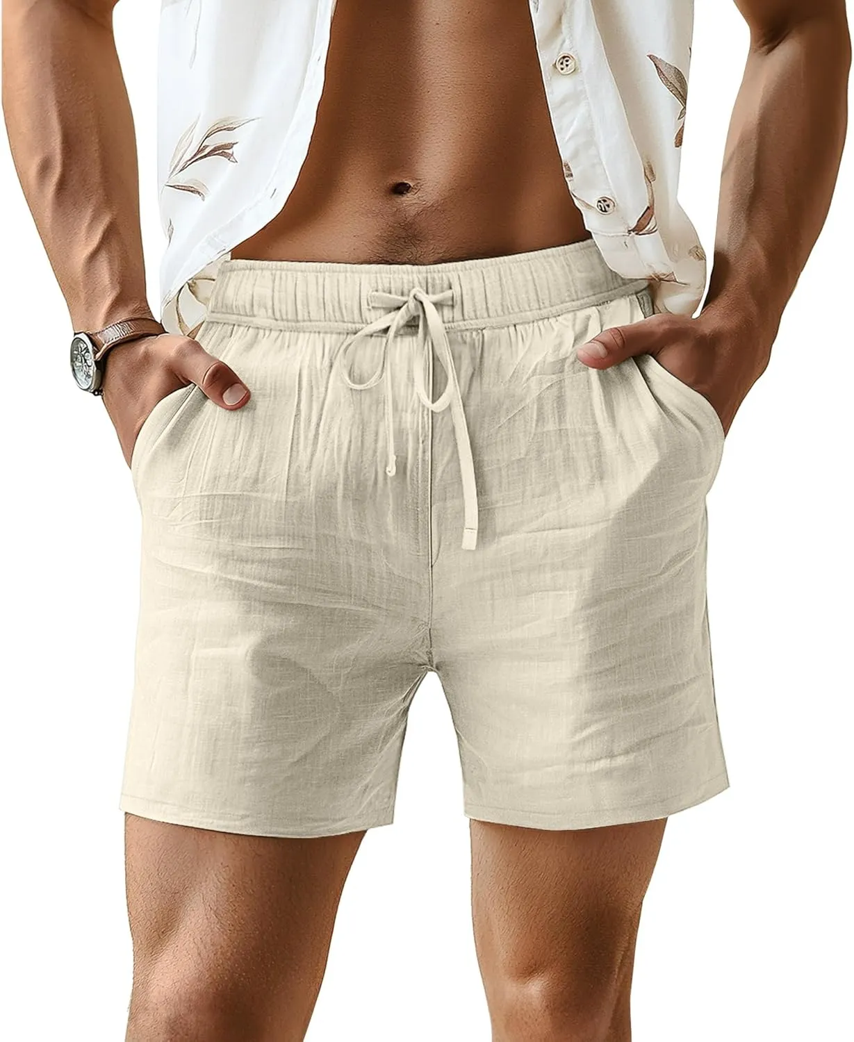 Neer 3 Pack Men's Linen Shorts Casual Cotton Lightweight Elastic Waist Drawstring Summer Shorts with Pockets