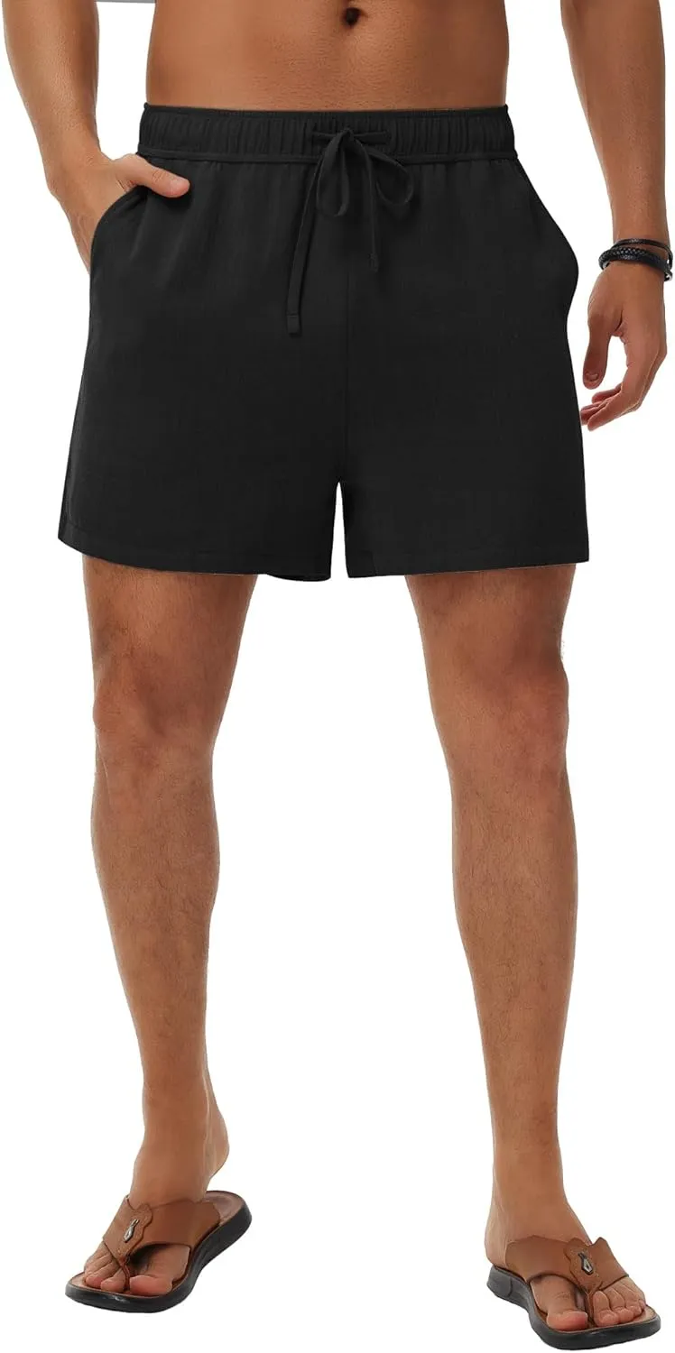 Neer 3 Pack Men's Linen Shorts Casual Cotton Lightweight Elastic Waist Drawstring Summer Shorts with Pockets
