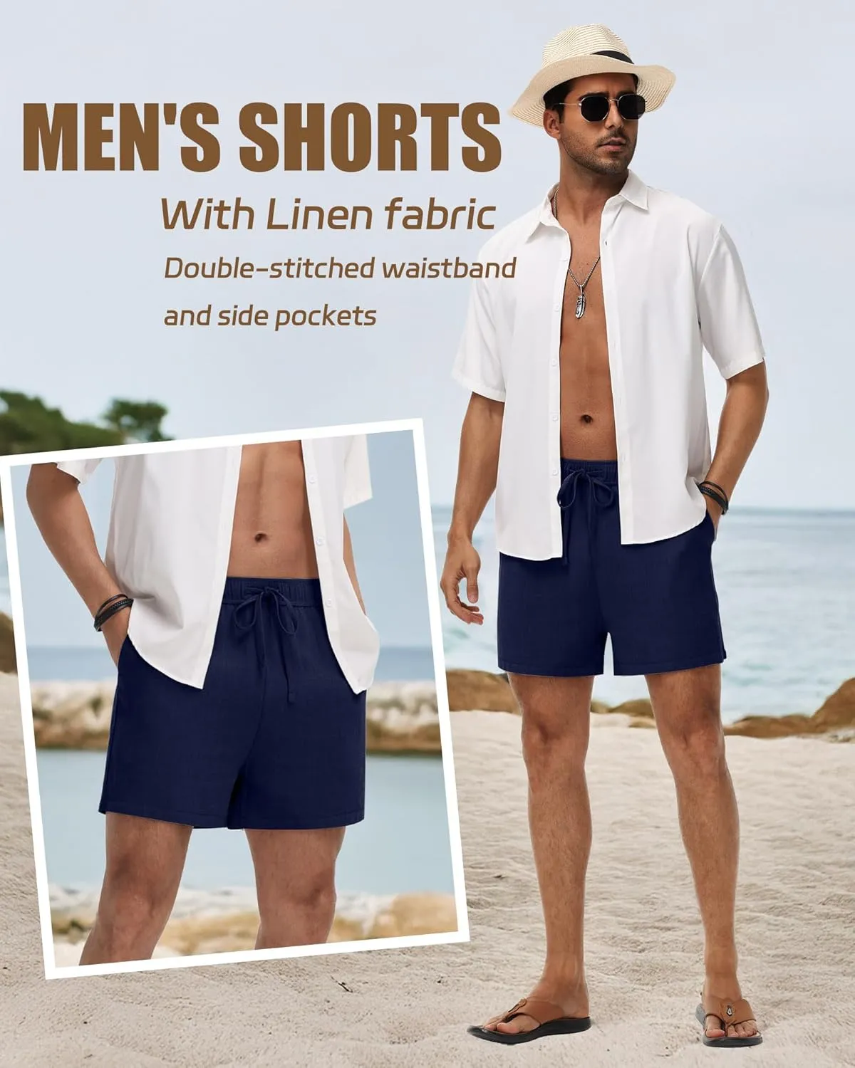 Neer 3 Pack Men's Linen Shorts Casual Cotton Lightweight Elastic Waist Drawstring Summer Shorts with Pockets