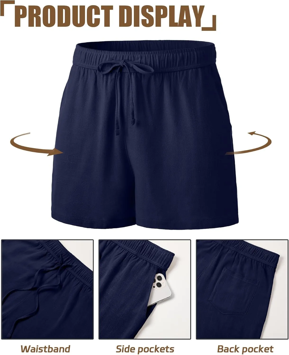 Neer 3 Pack Men's Linen Shorts Casual Cotton Lightweight Elastic Waist Drawstring Summer Shorts with Pockets