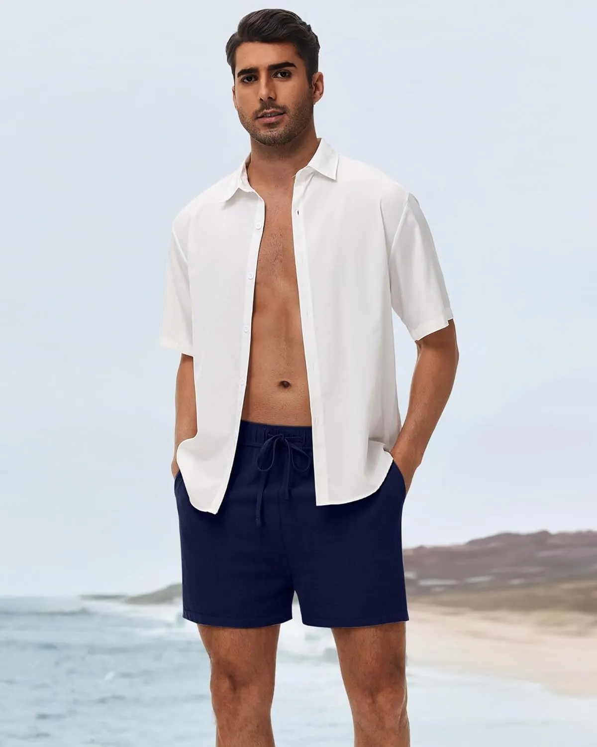 Neer 3 Pack Men's Linen Shorts Casual Cotton Lightweight Elastic Waist Drawstring Summer Shorts with Pockets