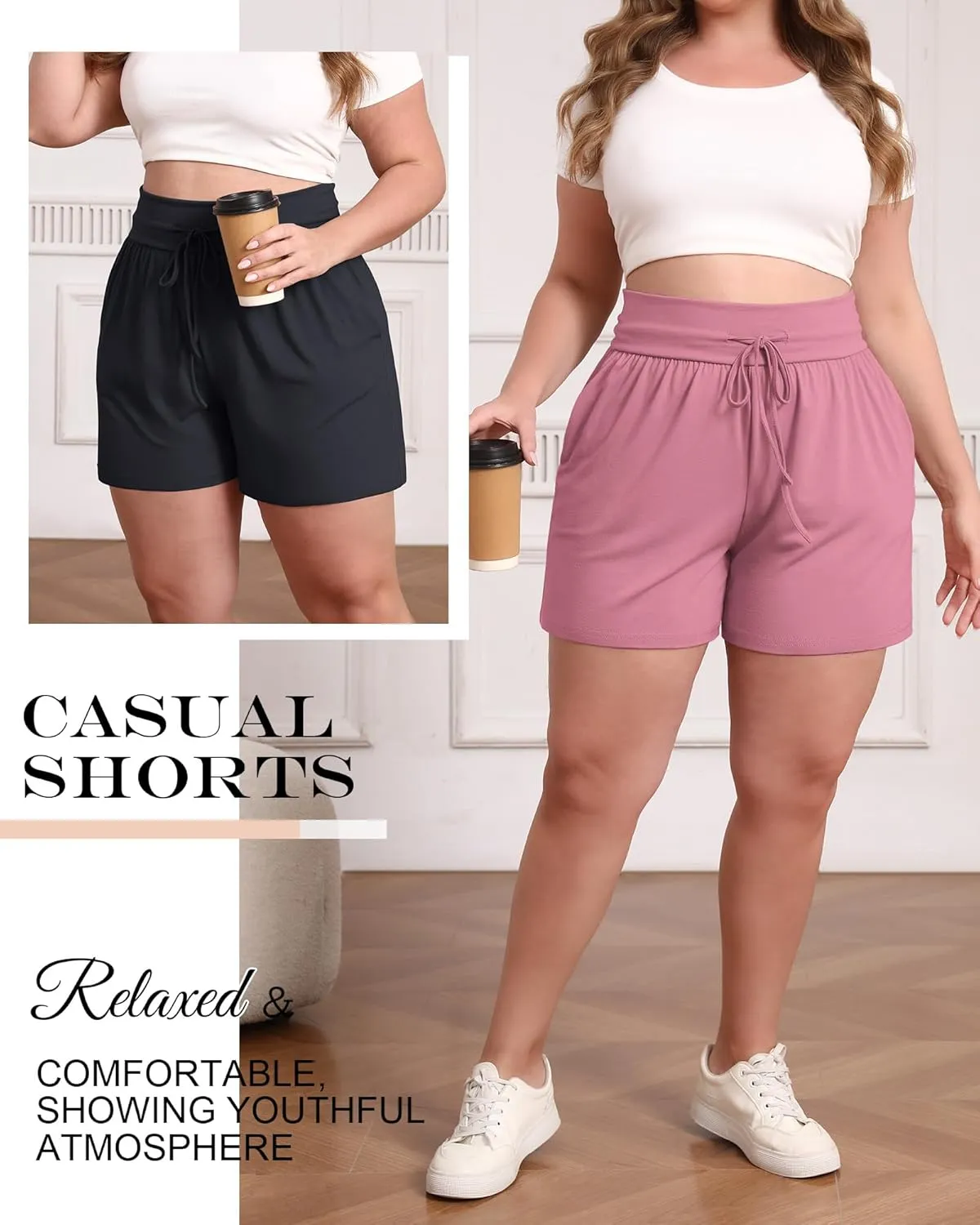 Neer 3 Pack Women's Plus Size Sweat Shorts, Cotton Drawstring Lounge Shorts Casual Summer Lightweight Soft Short with Pockets