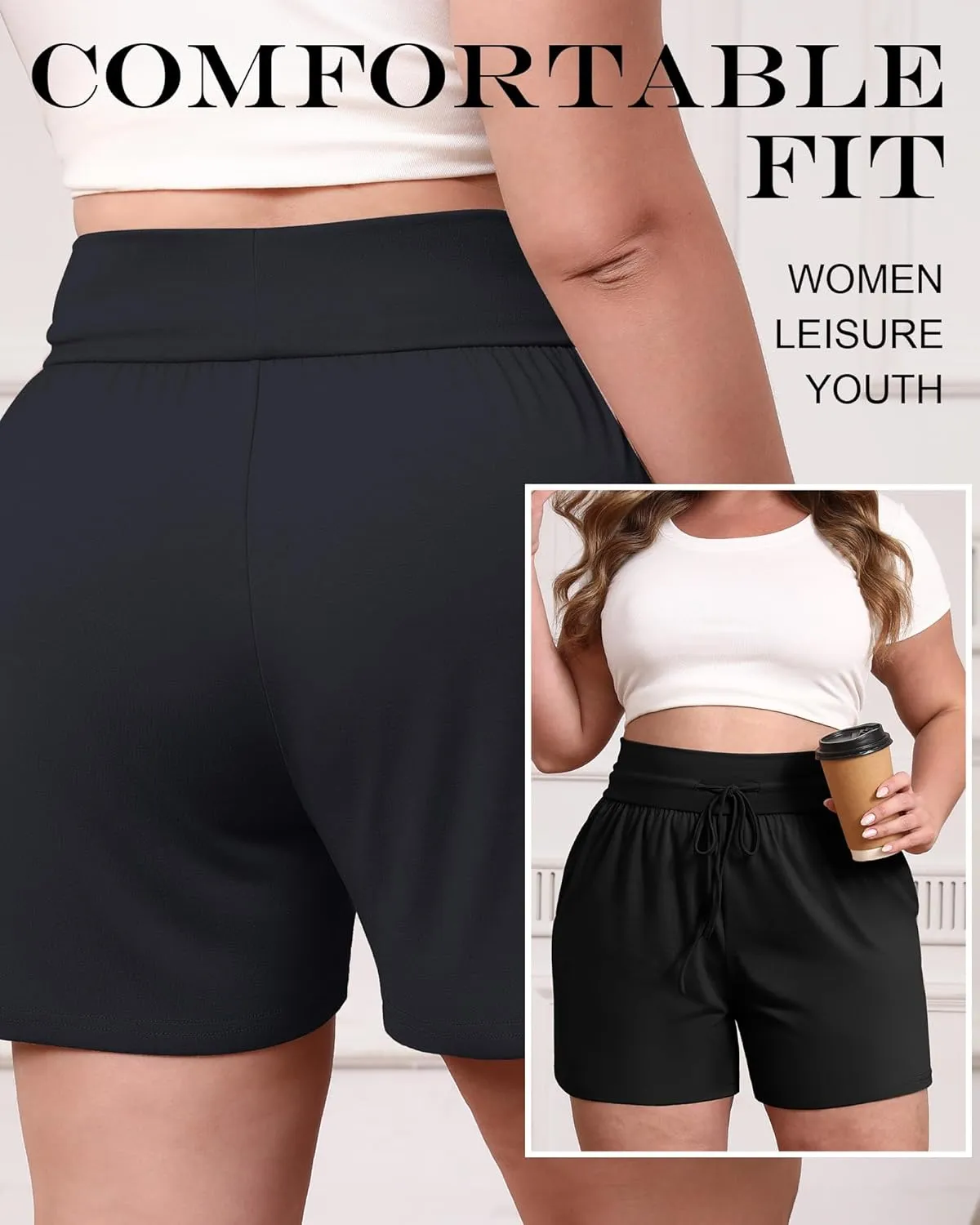 Neer 3 Pack Women's Plus Size Sweat Shorts, Cotton Drawstring Lounge Shorts Casual Summer Lightweight Soft Short with Pockets