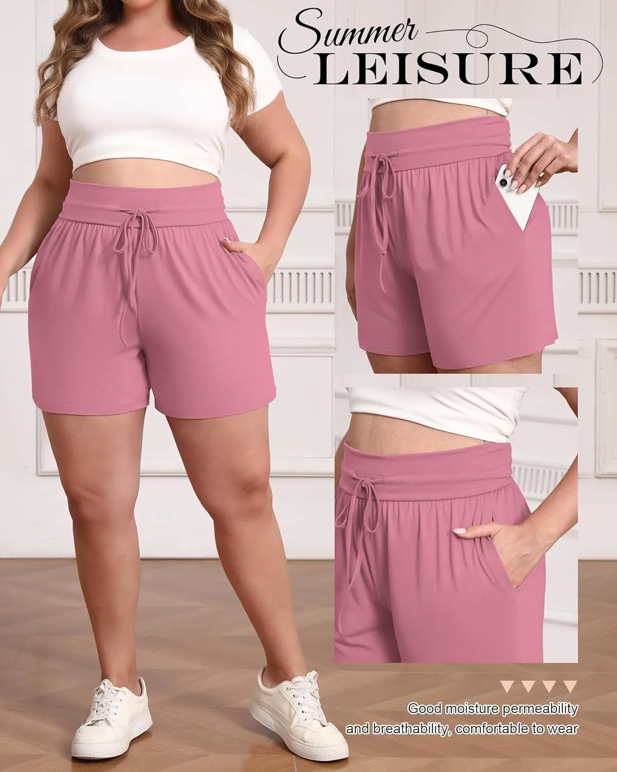Neer 3 Pack Women's Plus Size Sweat Shorts, Cotton Drawstring Lounge Shorts Casual Summer Lightweight Soft Short with Pockets