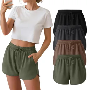 Neer 4 Pack Women's Sweat Shorts, Cotton Casual Athletic Workout Shorts with Pockets Drawstring Summer Lounge Bottoms