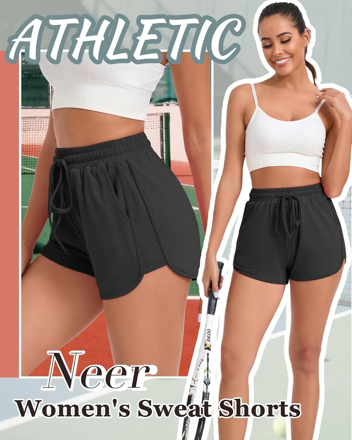 Neer 4 Pack Women's Sweat Shorts, Cotton Casual Athletic Workout Shorts with Pockets Drawstring Summer Lounge Bottoms