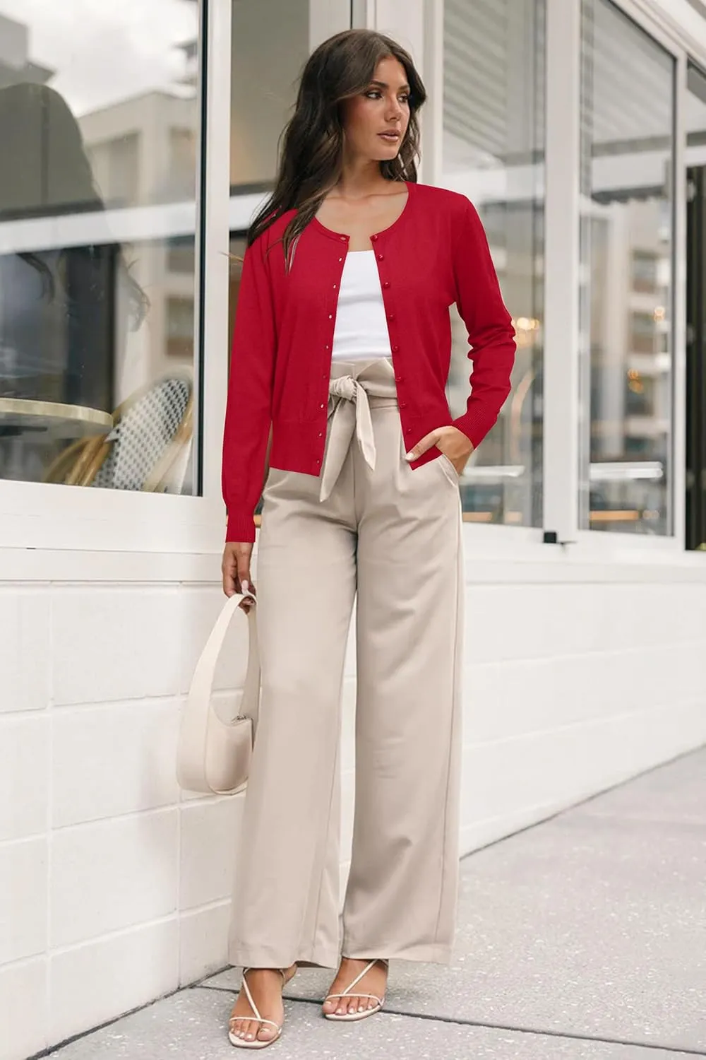 Newshows Women's Lightweight Button Down Cardigan Long Sleeve Casual Crew Neck Soft Knit Cardigans Sweater Tops