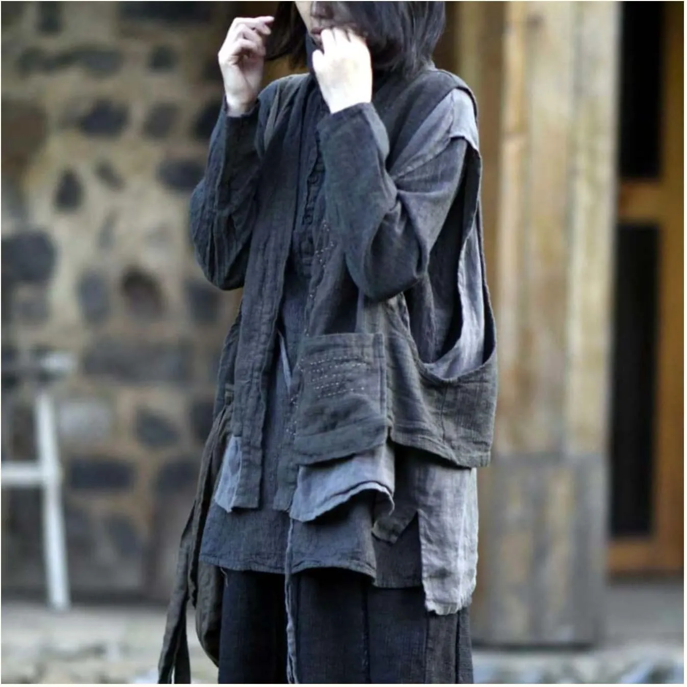 NFYM Women's Linen Vest Sleeveless Open Front Kimono Cardigan Hippie Vintage Waistcoat with Pockets