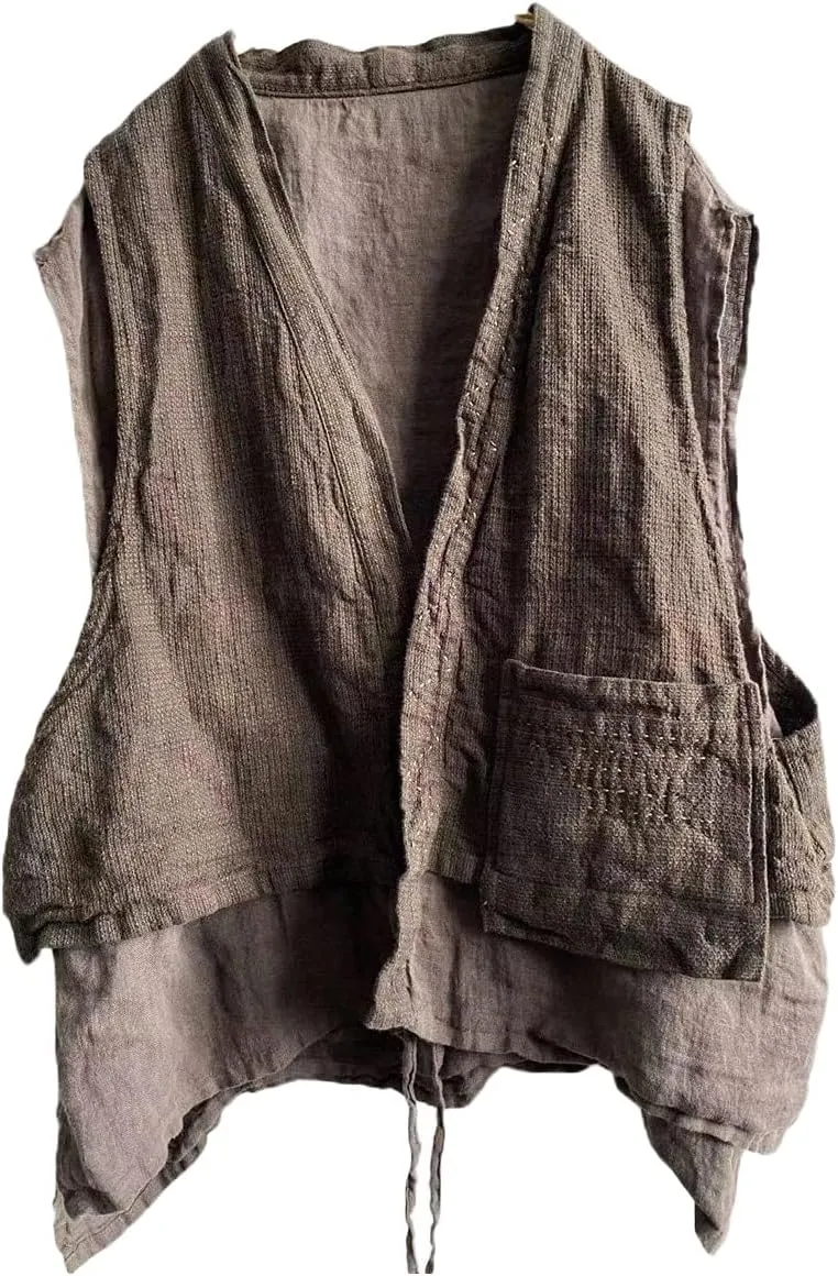 NFYM Women's Linen Vest Sleeveless Open Front Kimono Cardigan Hippie Vintage Waistcoat with Pockets