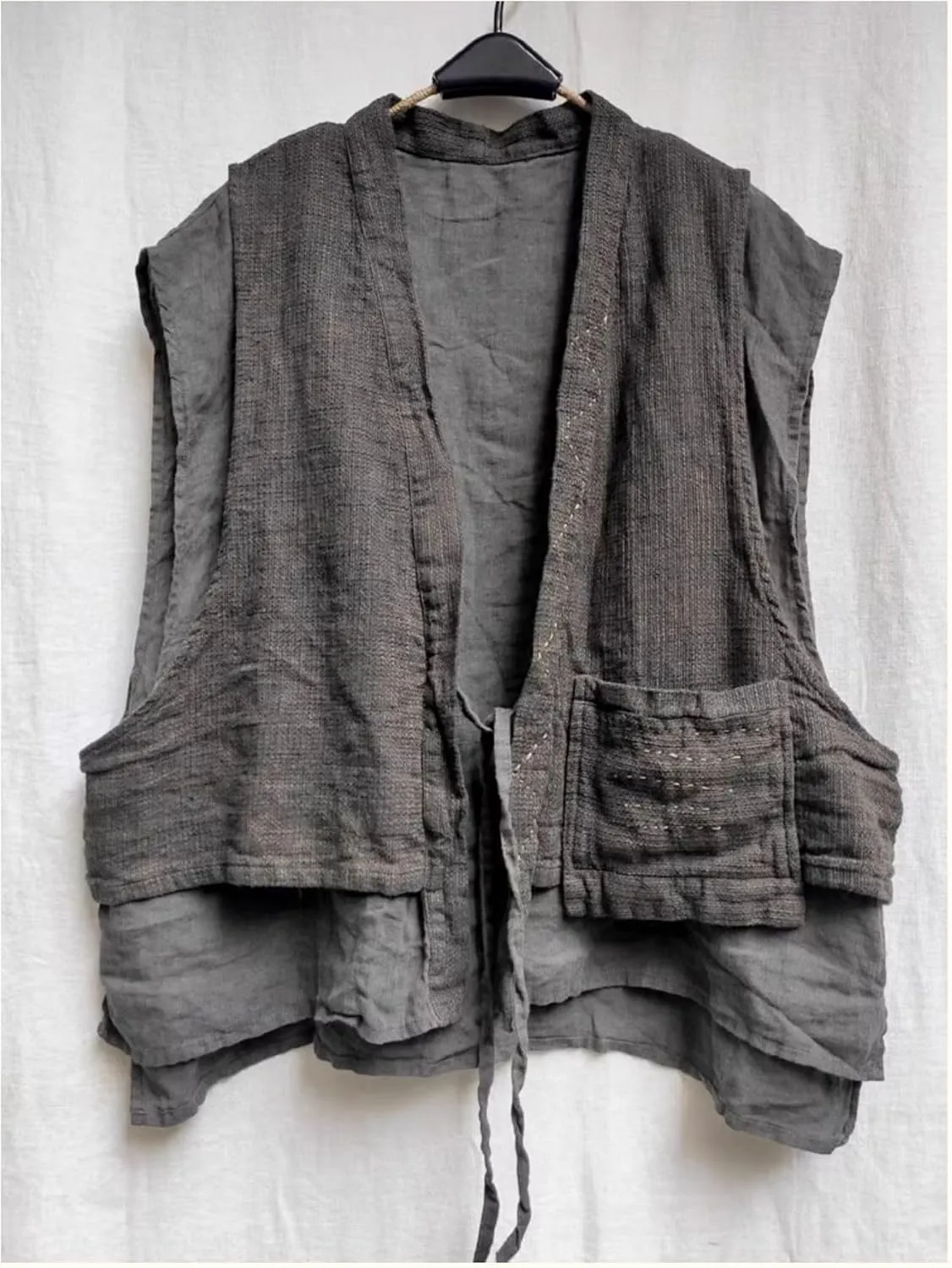 NFYM Women's Linen Vest Sleeveless Open Front Kimono Cardigan Hippie Vintage Waistcoat with Pockets