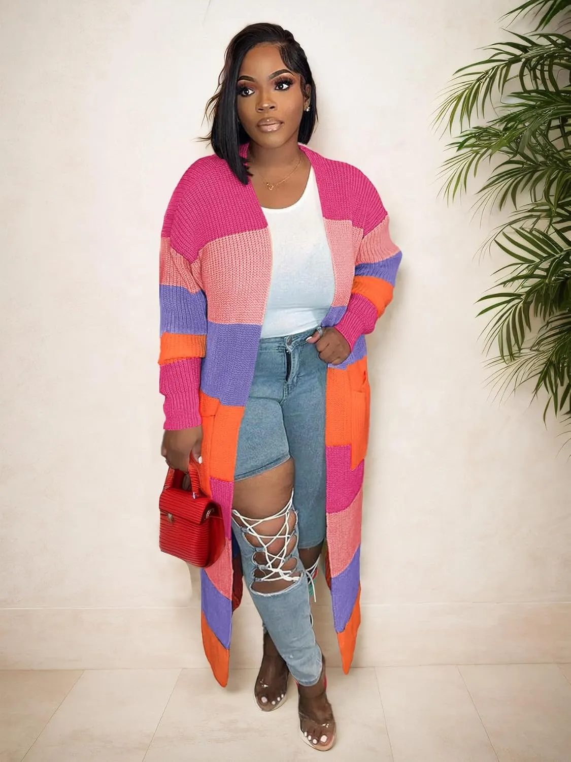 Nimsruc Long Cardigan Sweaters for Women Patchwork Open Front Knit Sweater