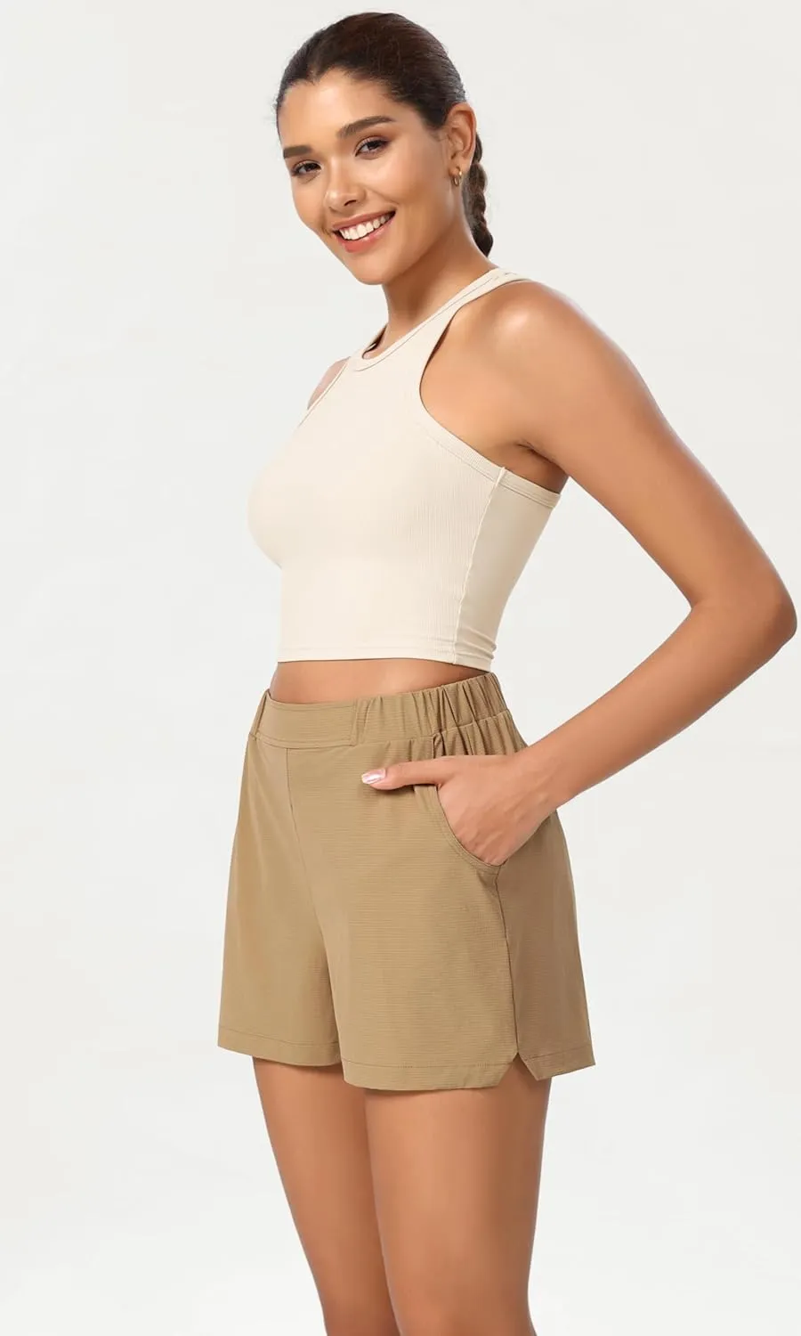ODODOS Stretch Woven Relaxed Shorts for Women Elastic High Waist Summer Lightweight Casual Shorts with Pockets