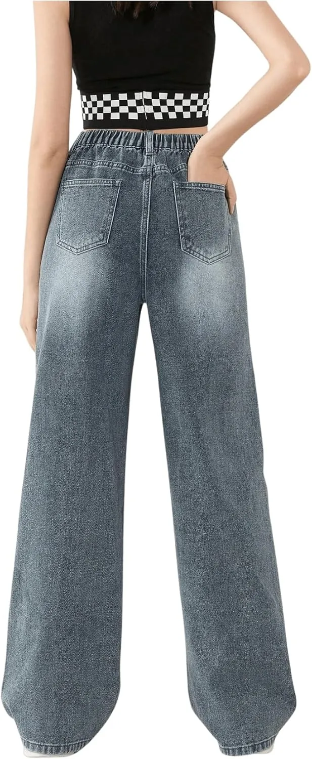 OYOANGLE Girl's Elastic Waist Wide Leg Jean Denim Pants Streetwear Long Pants with Pocket