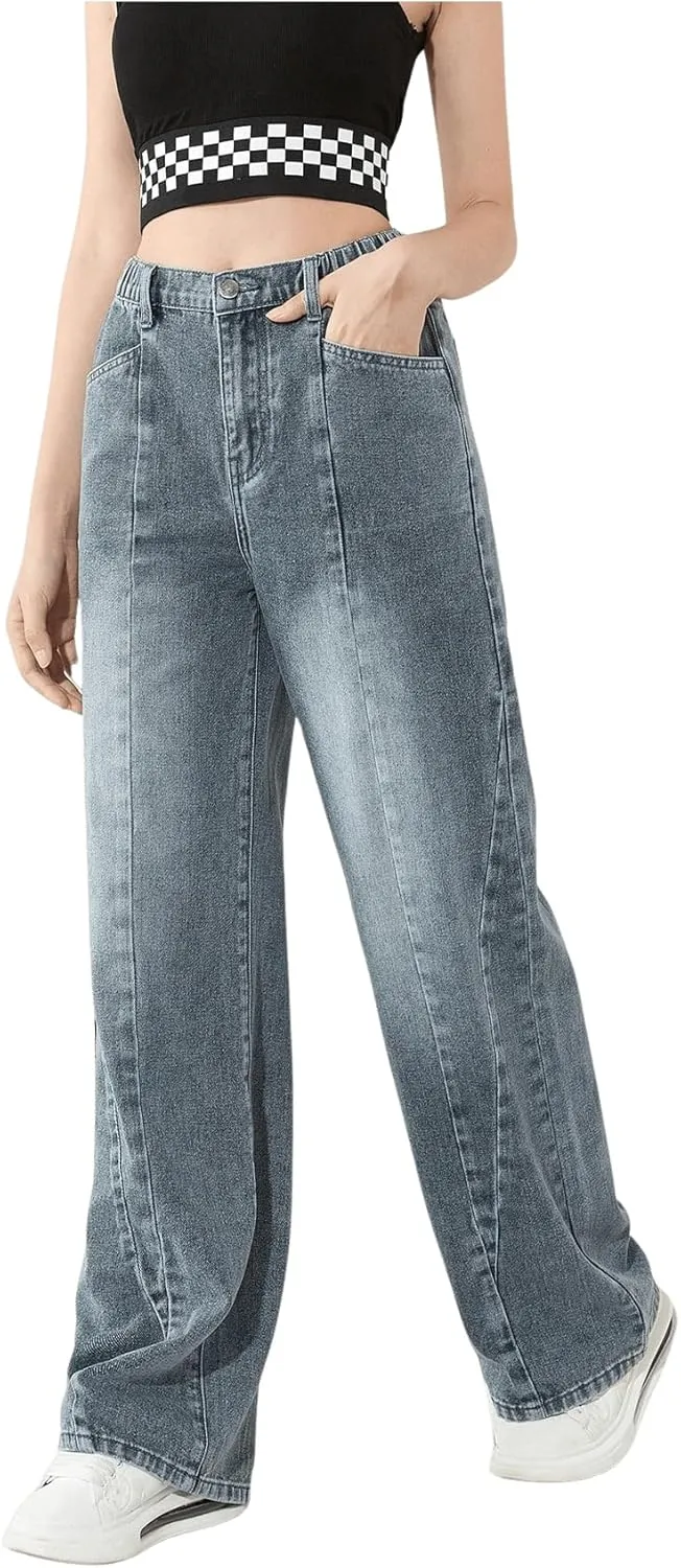 OYOANGLE Girl's Elastic Waist Wide Leg Jean Denim Pants Streetwear Long Pants with Pocket