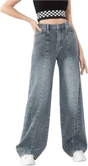 OYOANGLE Girl's Elastic Waist Wide Leg Jean Denim Pants Streetwear Long Pants with Pocket