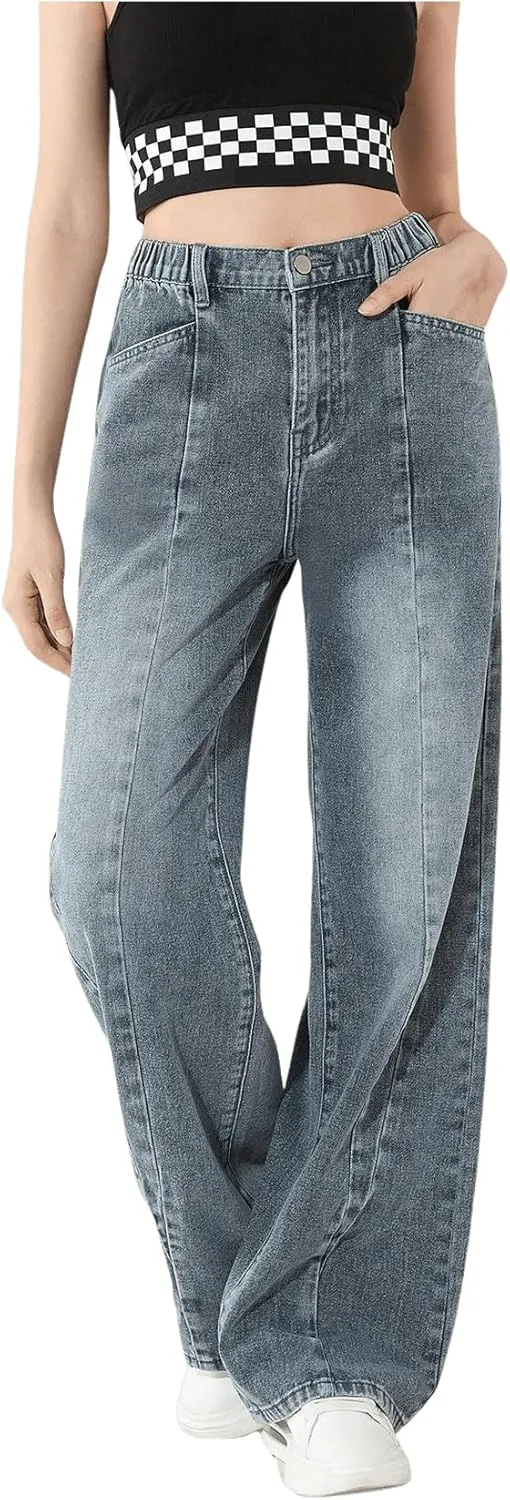 OYOANGLE Girl's Elastic Waist Wide Leg Jean Denim Pants Streetwear Long Pants with Pocket