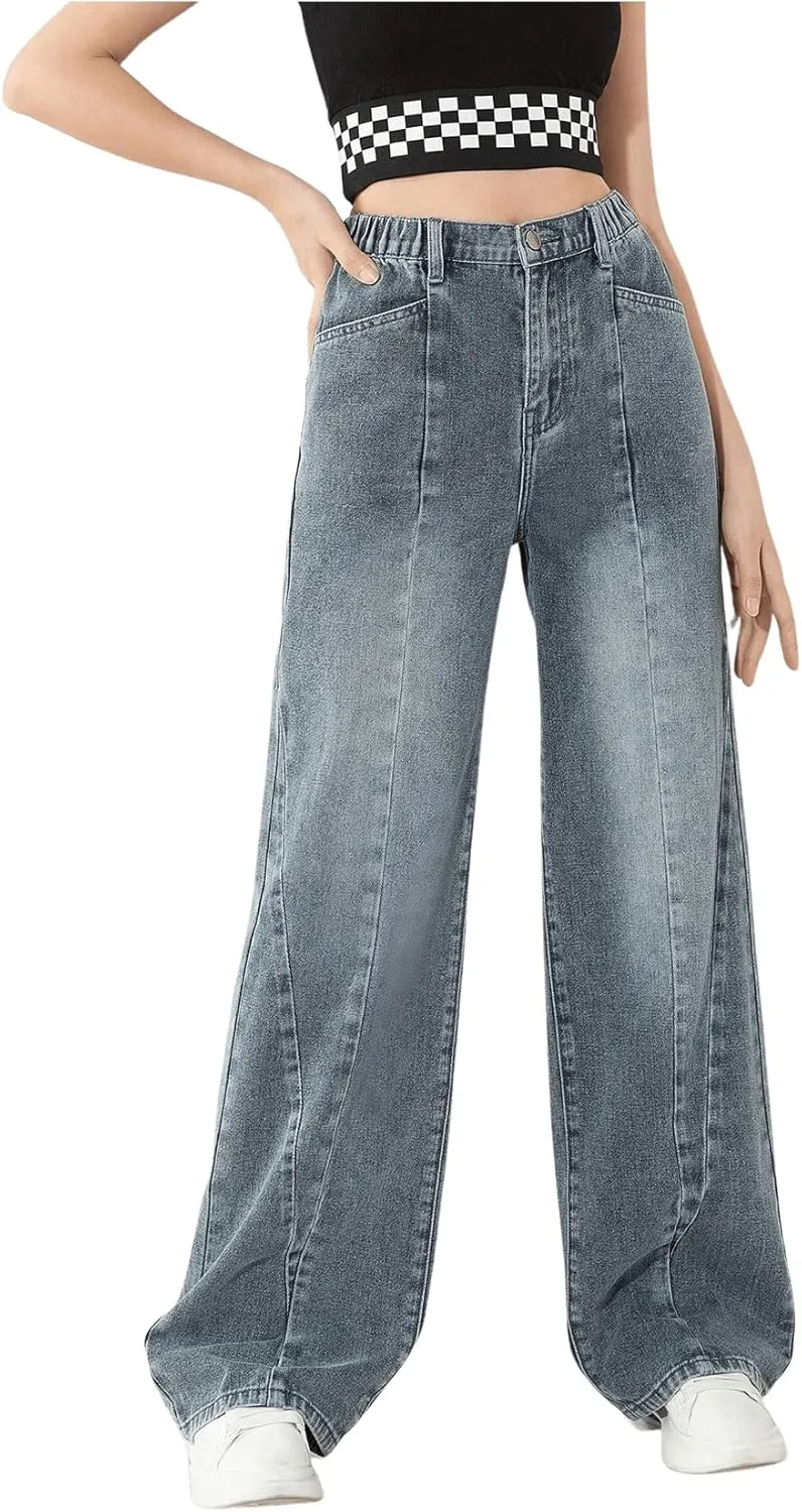 OYOANGLE Girl's Elastic Waist Wide Leg Jean Denim Pants Streetwear Long Pants with Pocket