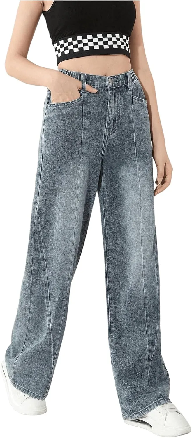 OYOANGLE Girl's Elastic Waist Wide Leg Jean Denim Pants Streetwear Long Pants with Pocket