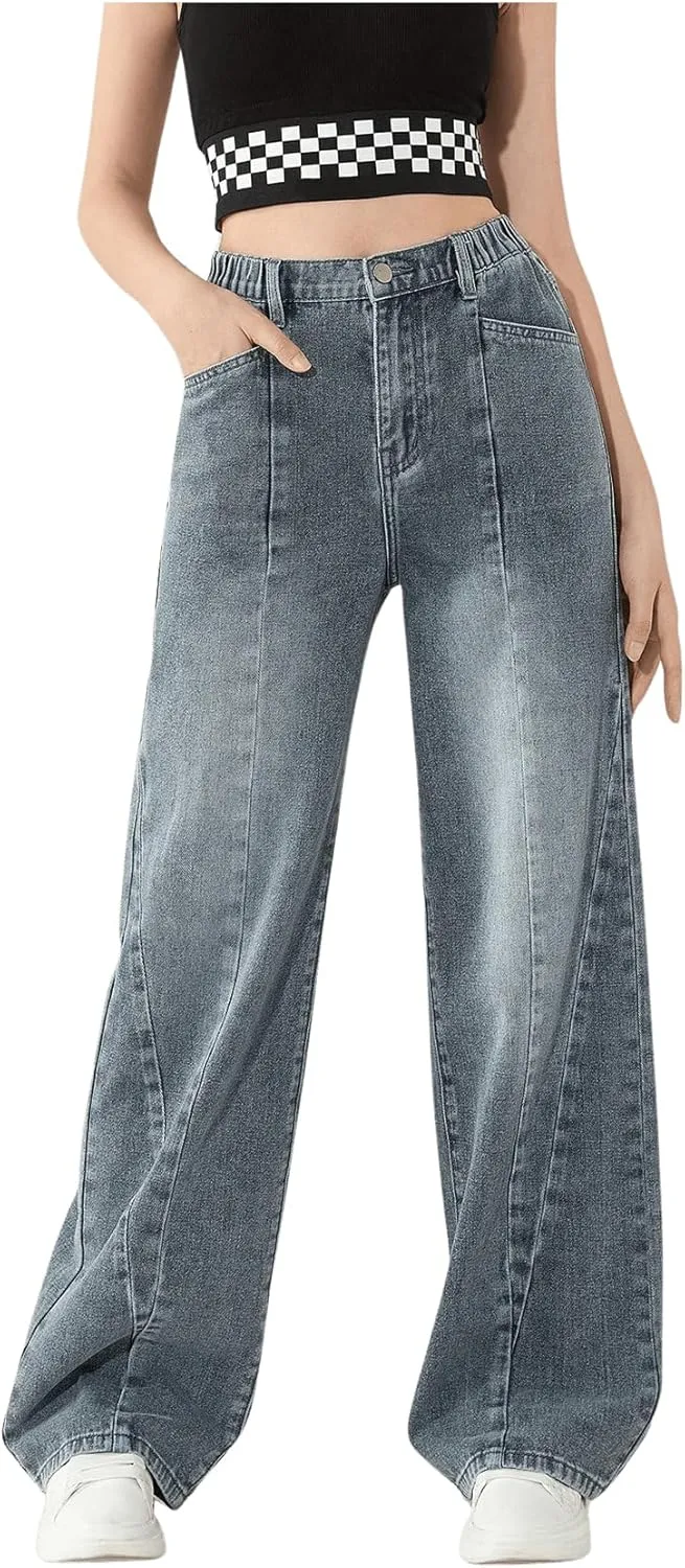 OYOANGLE Girl's Elastic Waist Wide Leg Jean Denim Pants Streetwear Long Pants with Pocket