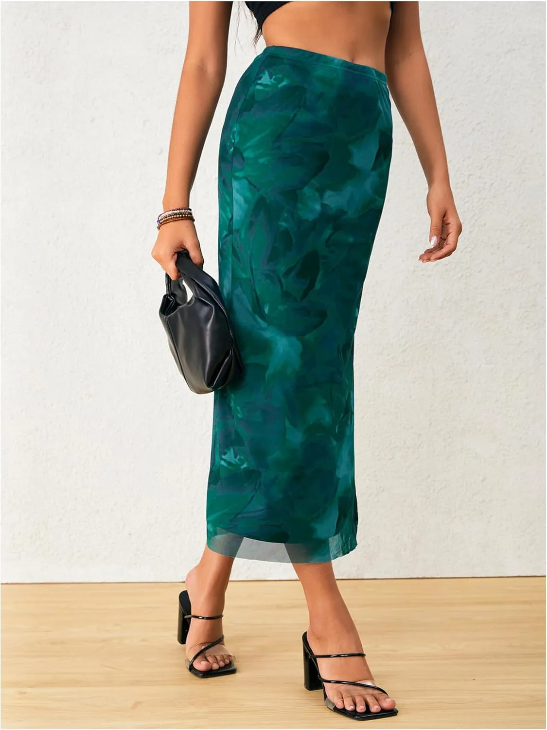 OYOANGLE Women's Tie Dye High Elastic Waist Bodycon Long Skirt Boho Split Side Maxi Skirts