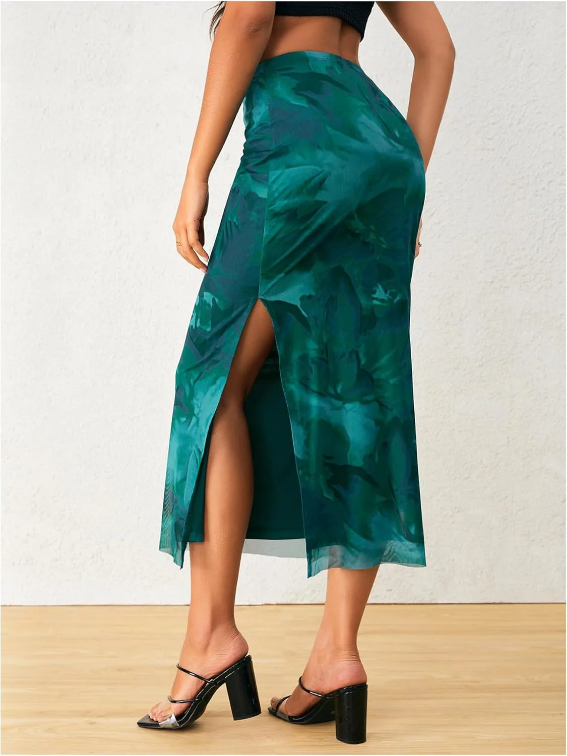 OYOANGLE Women's Tie Dye High Elastic Waist Bodycon Long Skirt Boho Split Side Maxi Skirts