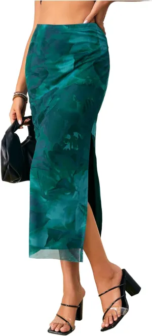 OYOANGLE Women's Tie Dye High Elastic Waist Bodycon Long Skirt Boho Split Side Maxi Skirts