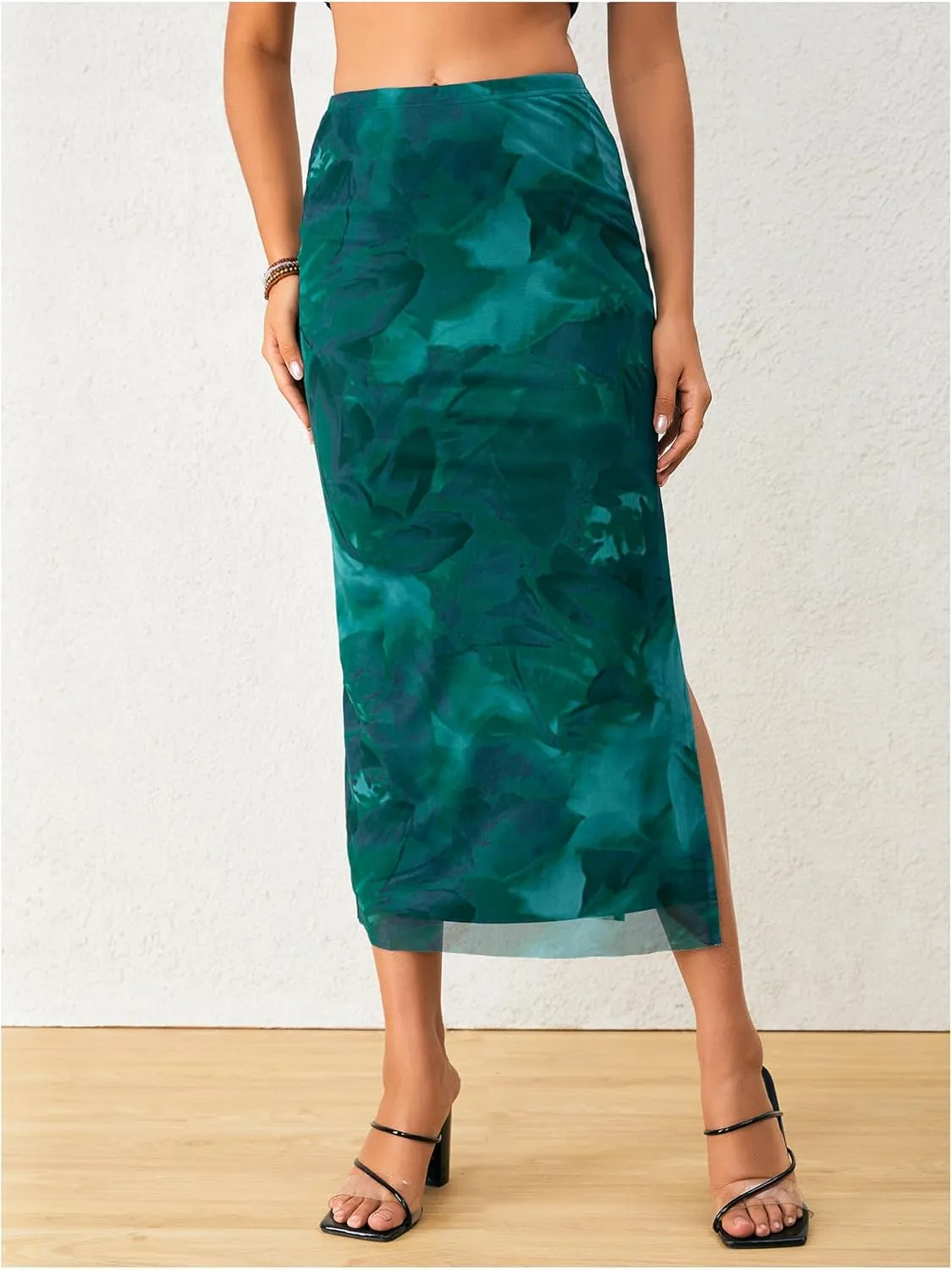 OYOANGLE Women's Tie Dye High Elastic Waist Bodycon Long Skirt Boho Split Side Maxi Skirts