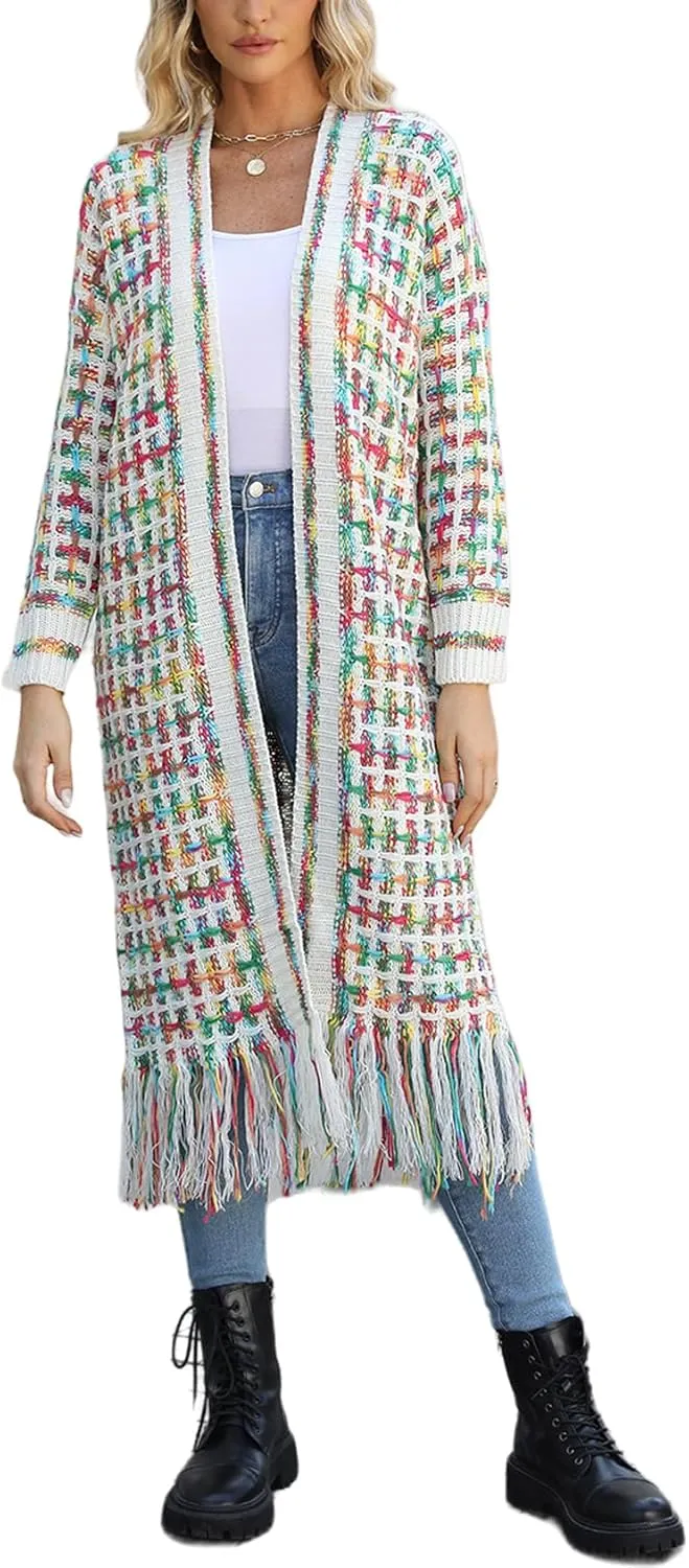 Perbai Womens Boho Cardigan Sweater Open Front Fringed Tassels Aztec Maxi Cardigan Jacket