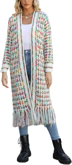 Perbai Womens Boho Cardigan Sweater Open Front Fringed Tassels Aztec Maxi Cardigan Jacket
