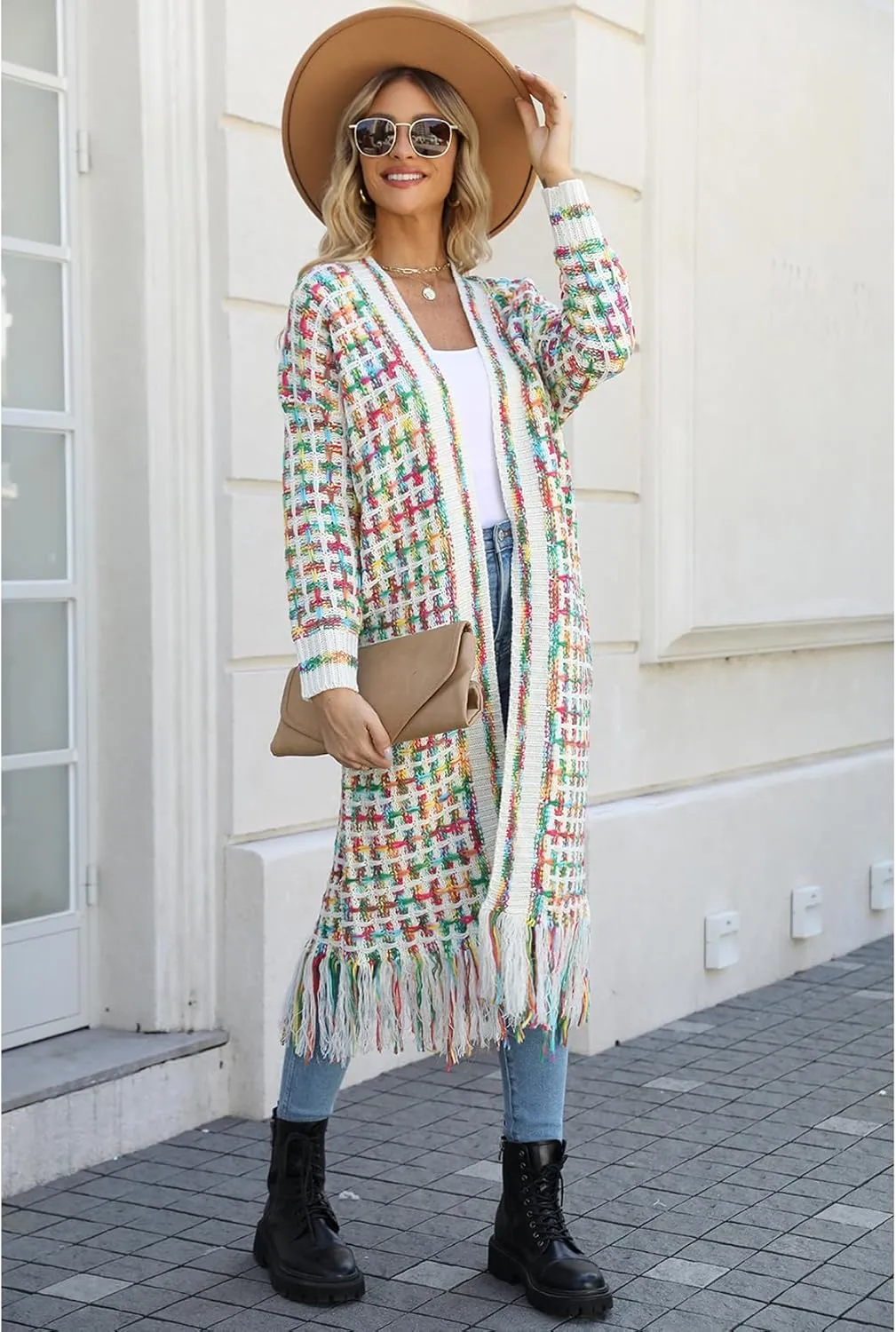 Perbai Womens Boho Cardigan Sweater Open Front Fringed Tassels Aztec Maxi Cardigan Jacket