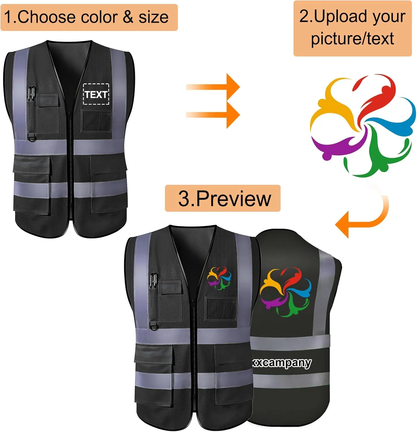 Personalized Safety Vest Custom Logo/Text/Name High Visibility Vests with Pockets and Zipper Bulk for Women Men Work