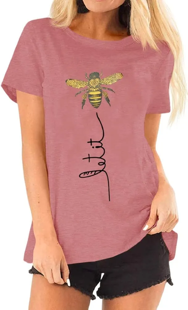 Pfvkeree Womens Cute Bee Graphic Tee Shirts Short Sleeve Let It Bee Funny Letter Print Summer T-Shirt Tops