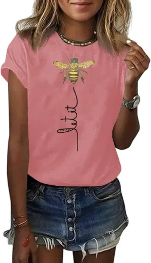 Pfvkeree Womens Cute Bee Graphic Tee Shirts Short Sleeve Let It Bee Funny Letter Print Summer T-Shirt Tops