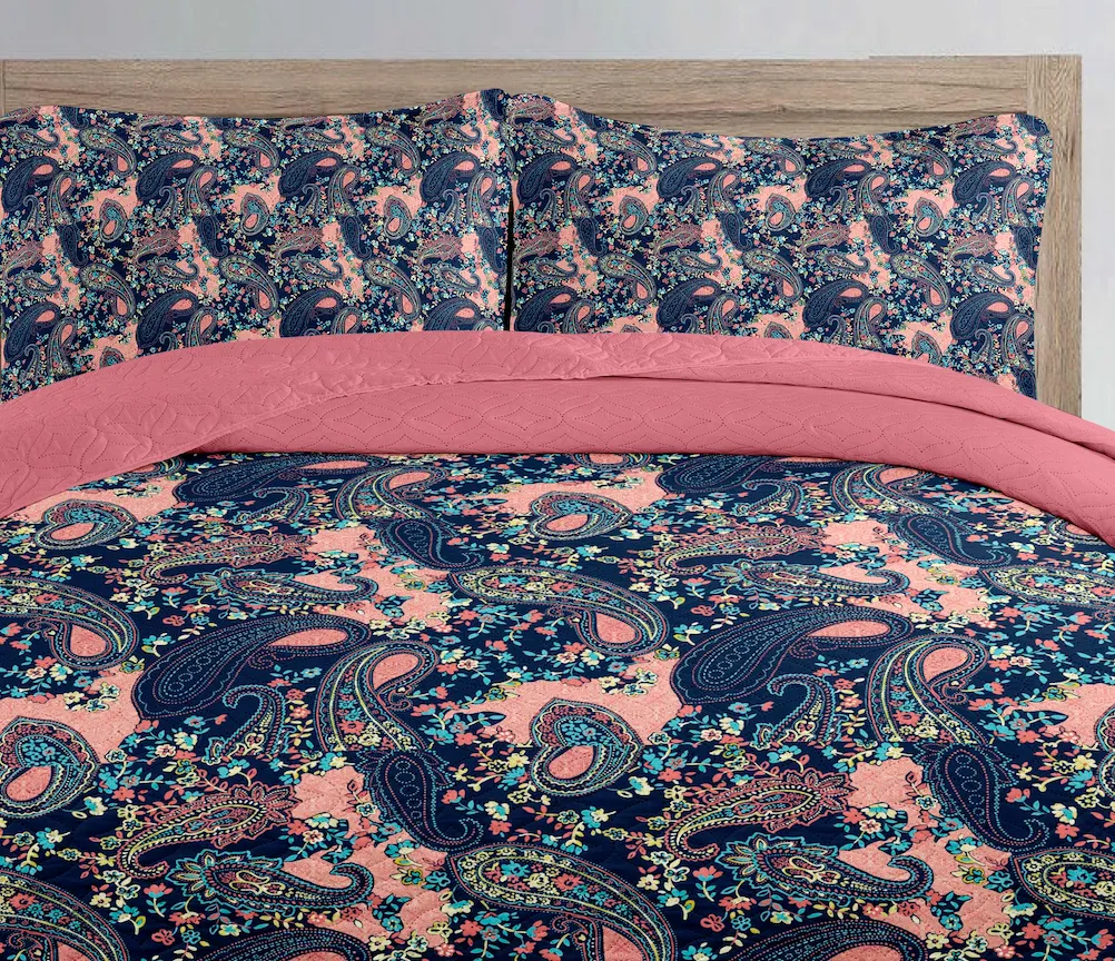 Pink Paisley Printed Cotton Reversible Summer Lightweight Quilt Set