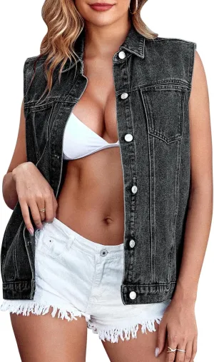 Pink Queen Women's Denim Vest 2025 Summer Sleeveless Button Down Jean Jacket Casual Loose Cotton Waistcoat Gilet with Pockets