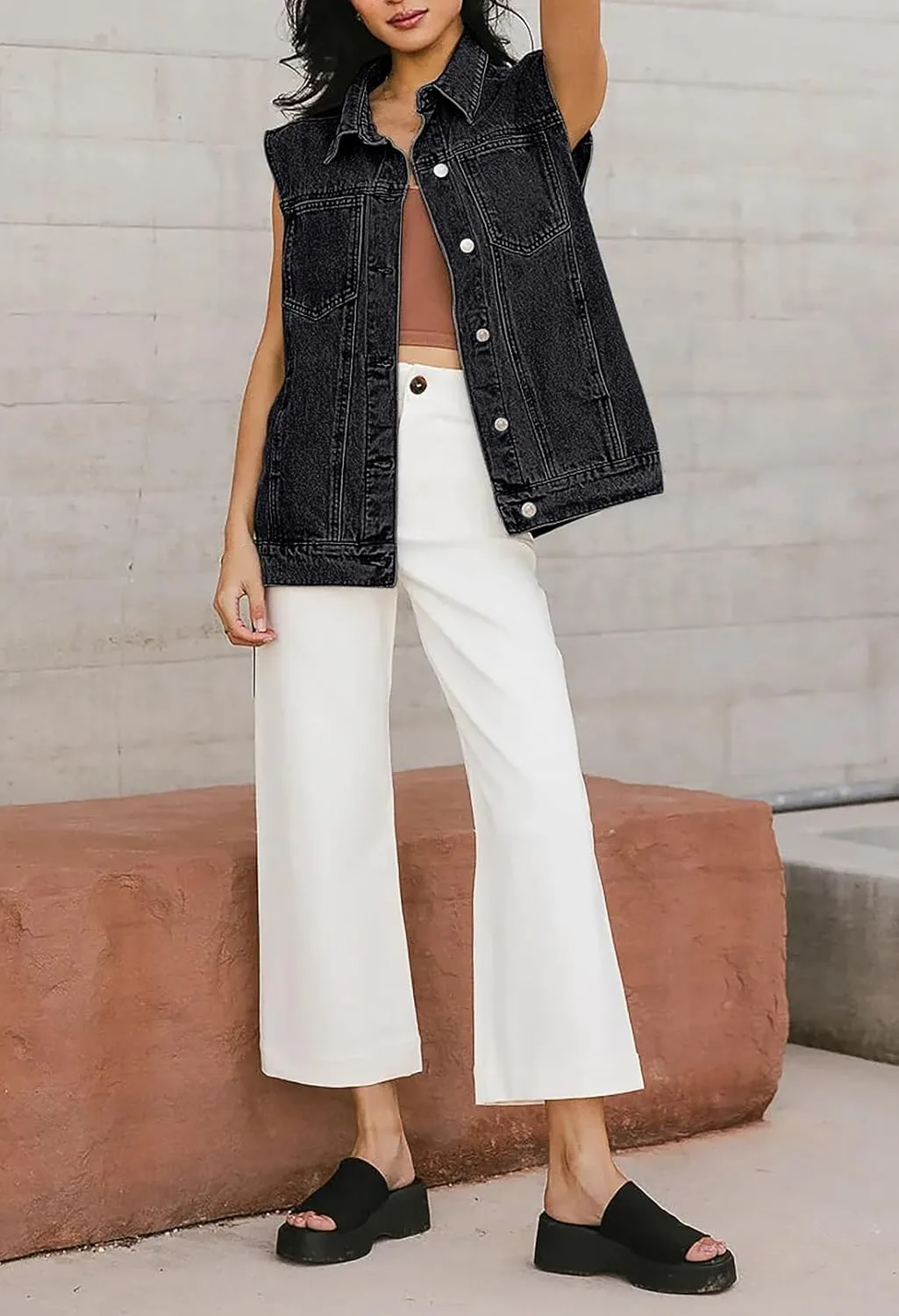 Pink Queen Women's Denim Vest 2025 Summer Sleeveless Button Down Jean Jacket Casual Loose Cotton Waistcoat Gilet with Pockets