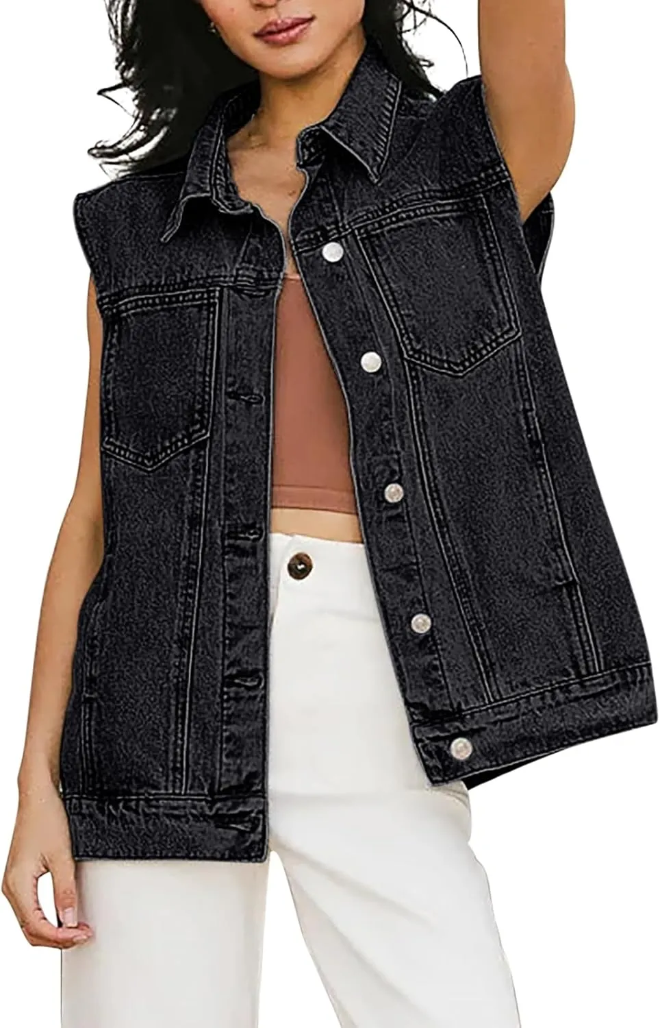 Pink Queen Women's Denim Vest 2025 Summer Sleeveless Button Down Jean Jacket Casual Loose Cotton Waistcoat Gilet with Pockets