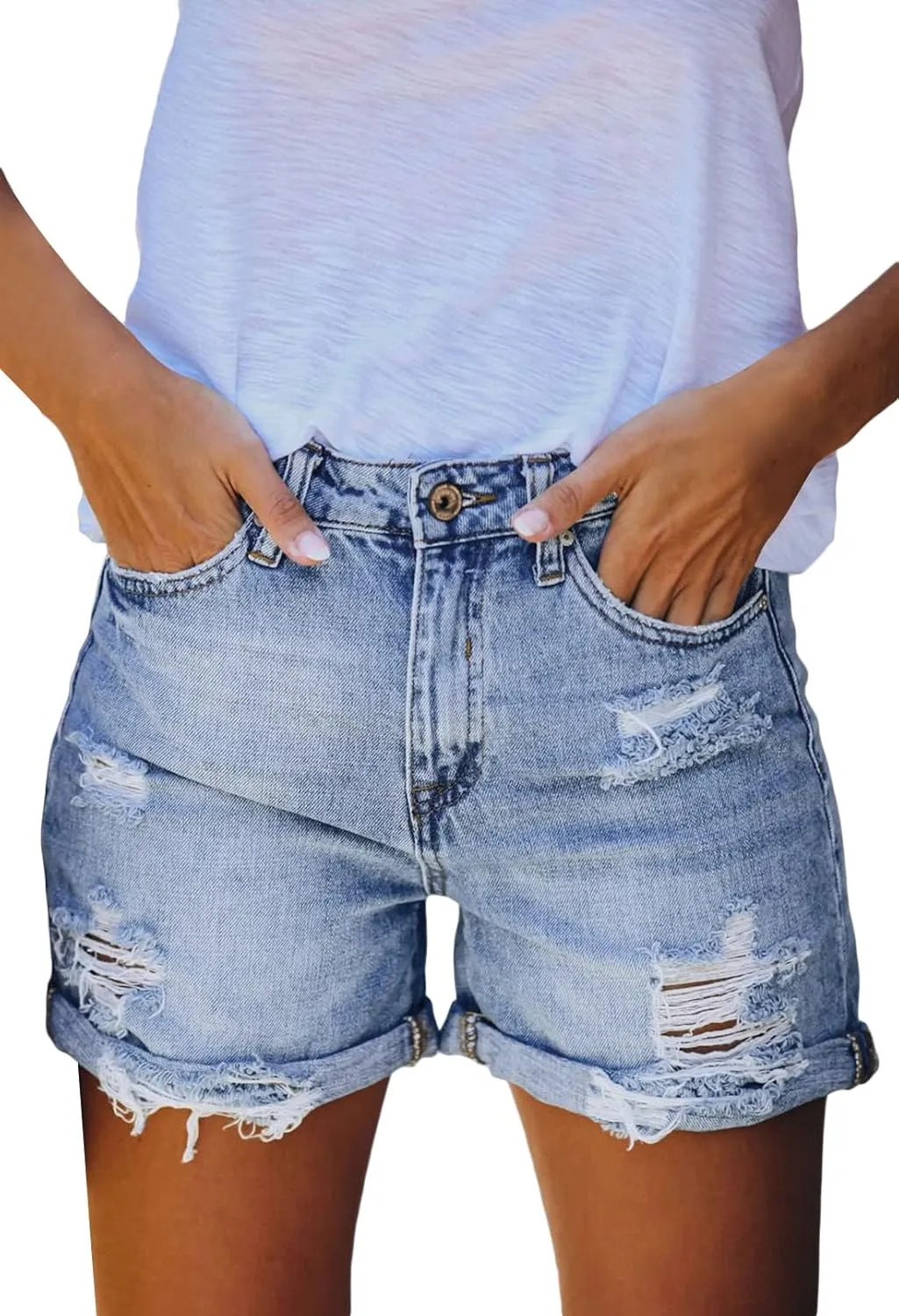 Pink Queen Women's High Waisted Denim Shorts Casual Ripped Summer Hot Short Jeans Frayed Distressed Jeans Shorts with Pockets