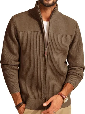 PJ PAUL JONES Men's Full Zipper Cardigan Casual Stand Collar Cardigan Sweater Ribbed Knit Long Sleeve Sweater