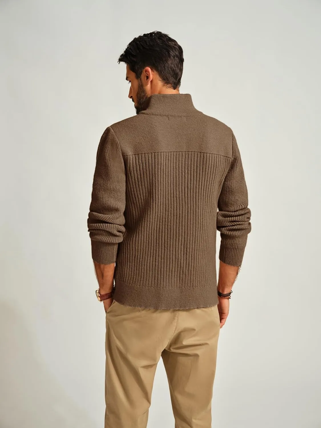 PJ PAUL JONES Men's Full Zipper Cardigan Casual Stand Collar Cardigan Sweater Ribbed Knit Long Sleeve Sweater