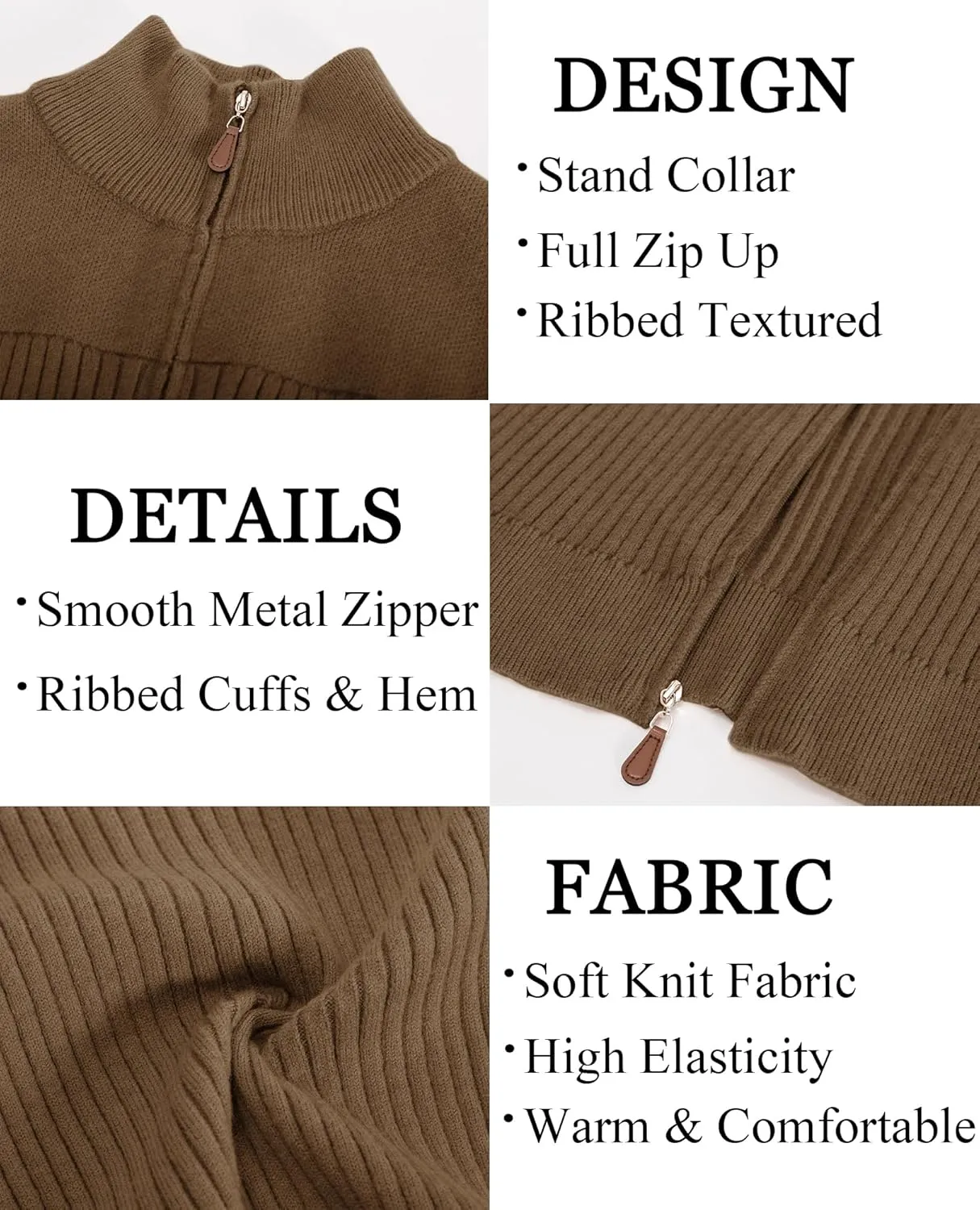 PJ PAUL JONES Men's Full Zipper Cardigan Casual Stand Collar Cardigan Sweater Ribbed Knit Long Sleeve Sweater