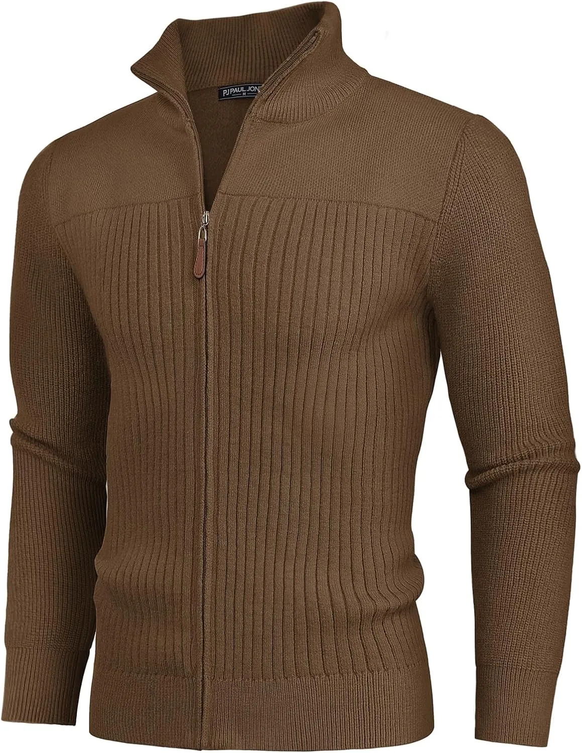 PJ PAUL JONES Men's Full Zipper Cardigan Casual Stand Collar Cardigan Sweater Ribbed Knit Long Sleeve Sweater