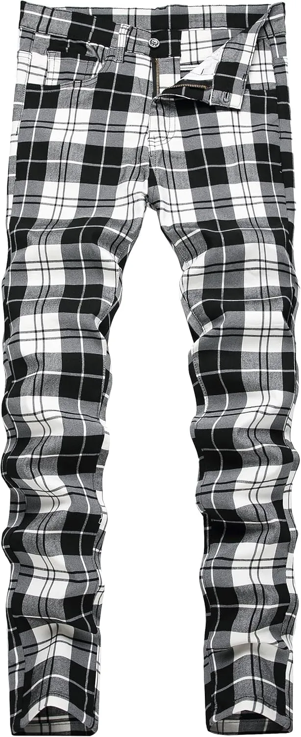 Plaid Pants for Men, Mens Skinny Stretch Slim fit Chinos Golf Business Dress Casual Pants