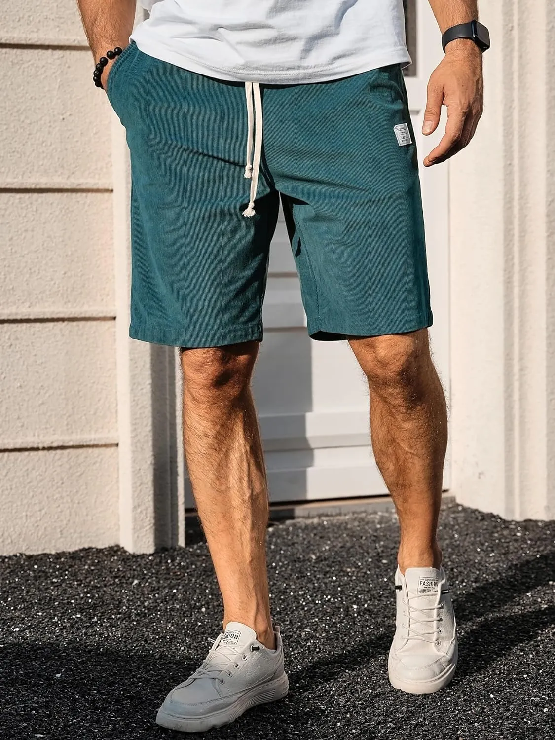 PLEPAN Mens Shorts 7 inch Corduroy Casual Short Drawstring Elastic Waist Lightweight Summer Beach Shorts Loose Fit