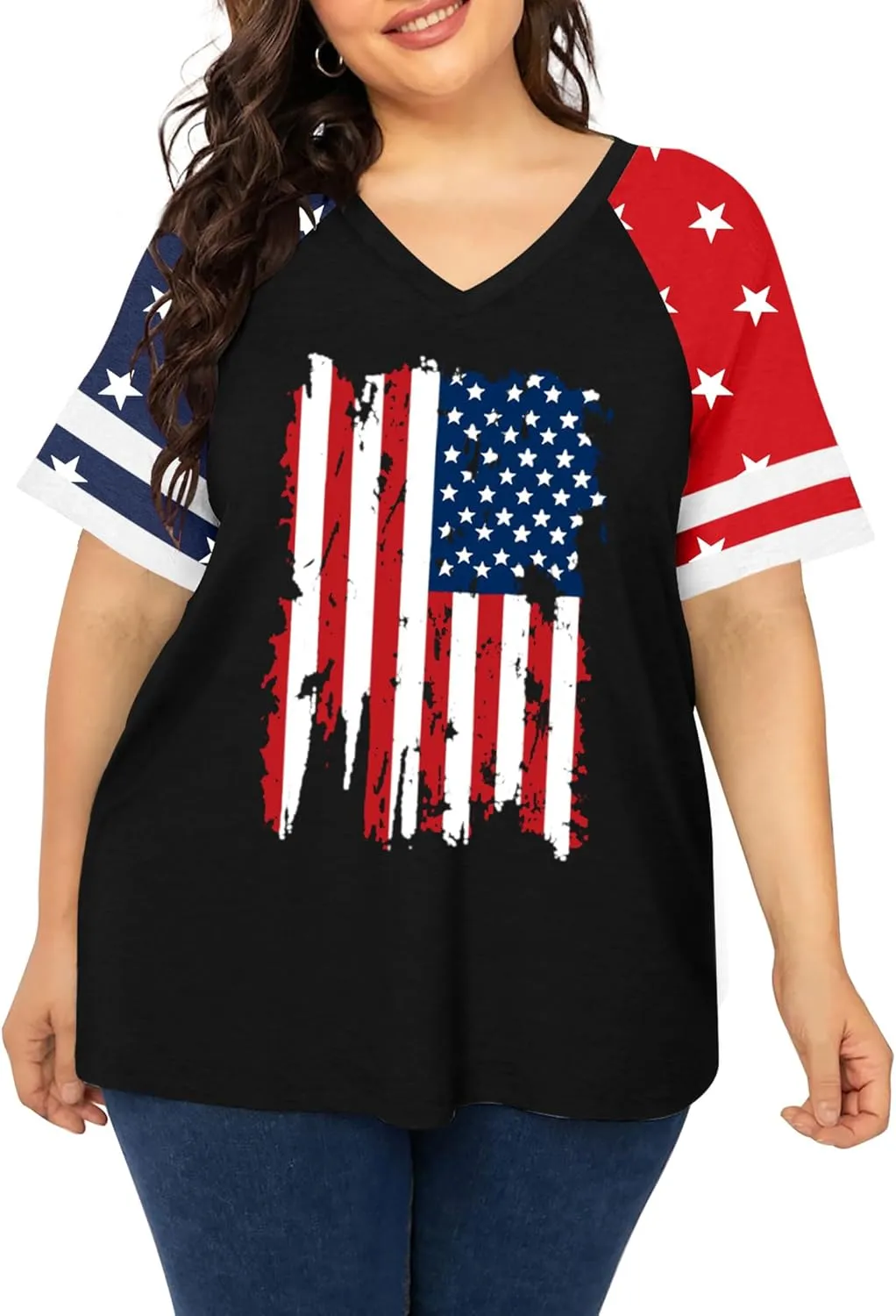 Plus Size Tops American Flag Shirts Womens V Neck Patriotic Tshirt USA Graphic Tee 4th of July T-Shirt