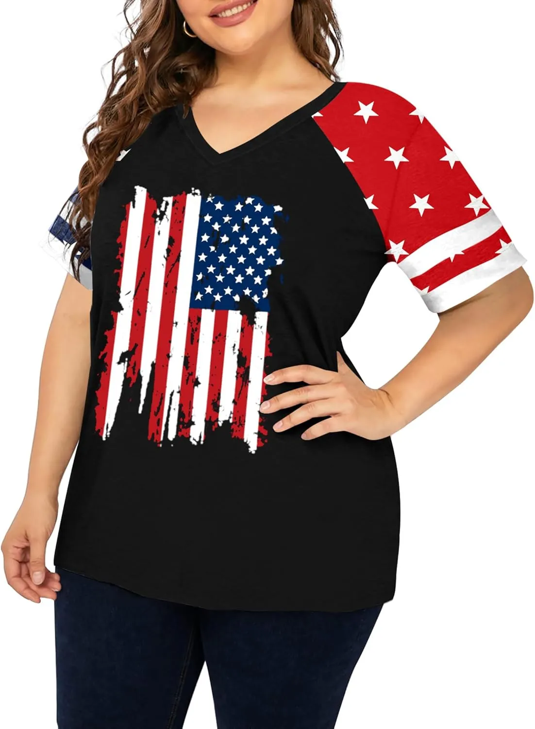 Plus Size Tops American Flag Shirts Womens V Neck Patriotic Tshirt USA Graphic Tee 4th of July T-Shirt