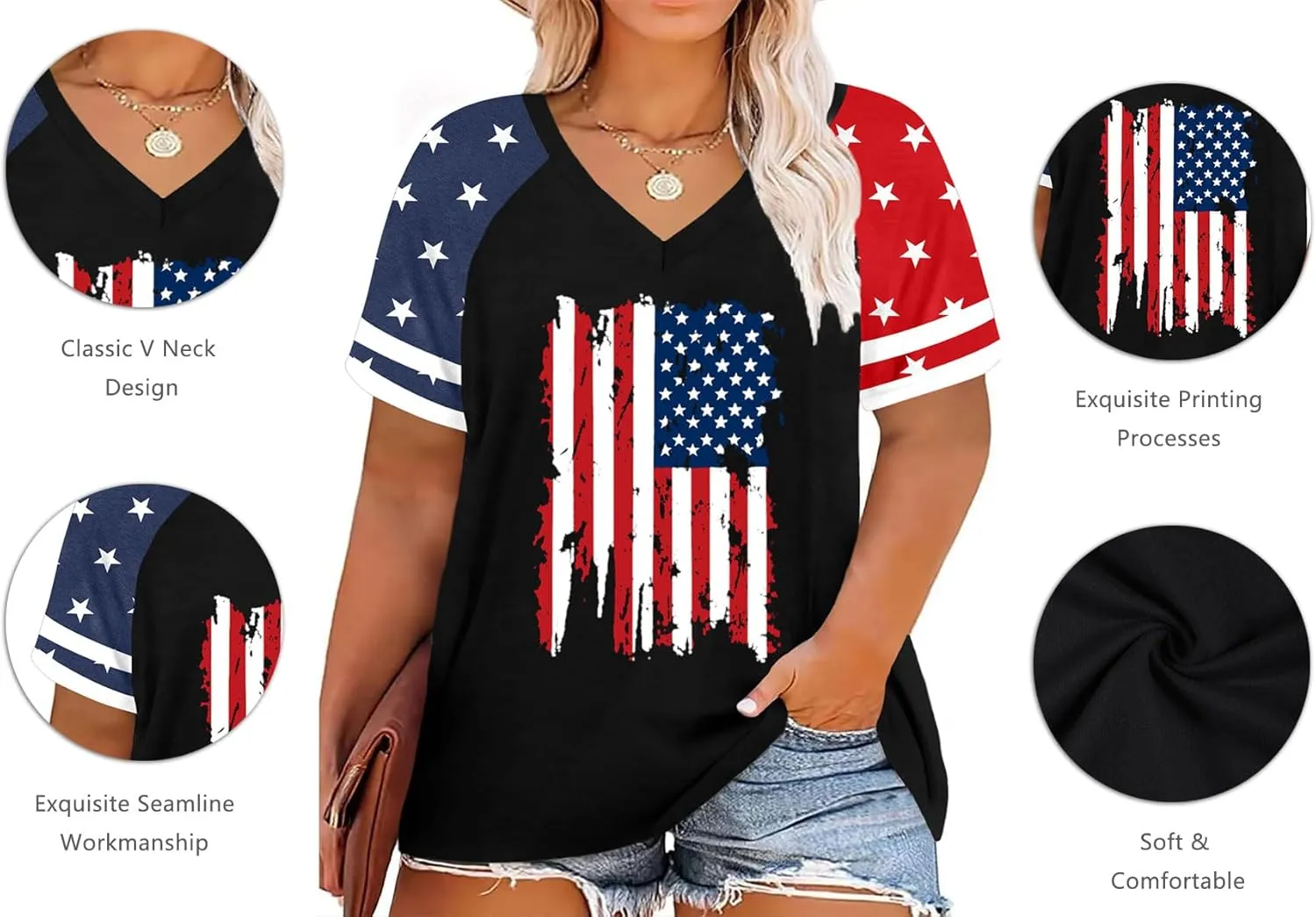 Plus Size Tops American Flag Shirts Womens V Neck Patriotic Tshirt USA Graphic Tee 4th of July T-Shirt