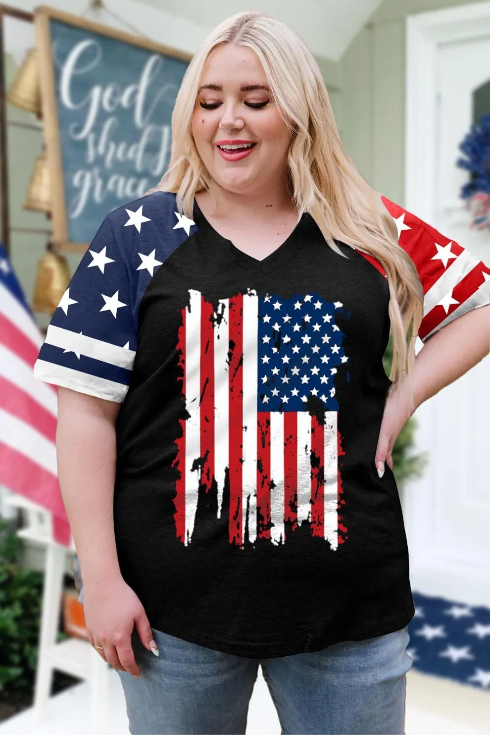 Plus Size Tops American Flag Shirts Womens V Neck Patriotic Tshirt USA Graphic Tee 4th of July T-Shirt